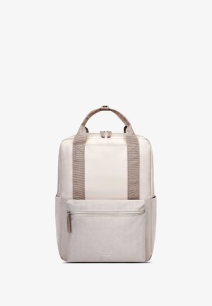 Beige backpack with contrasting light brown straps, rectangular shape, front zip pocket, and subtle logo on the lower front panel. Soft texture.