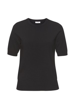 Black short-sleeve sweater with a crew neck. Made from a ribbed knit fabric, featuring a fitted silhouette and ribbed hemline.