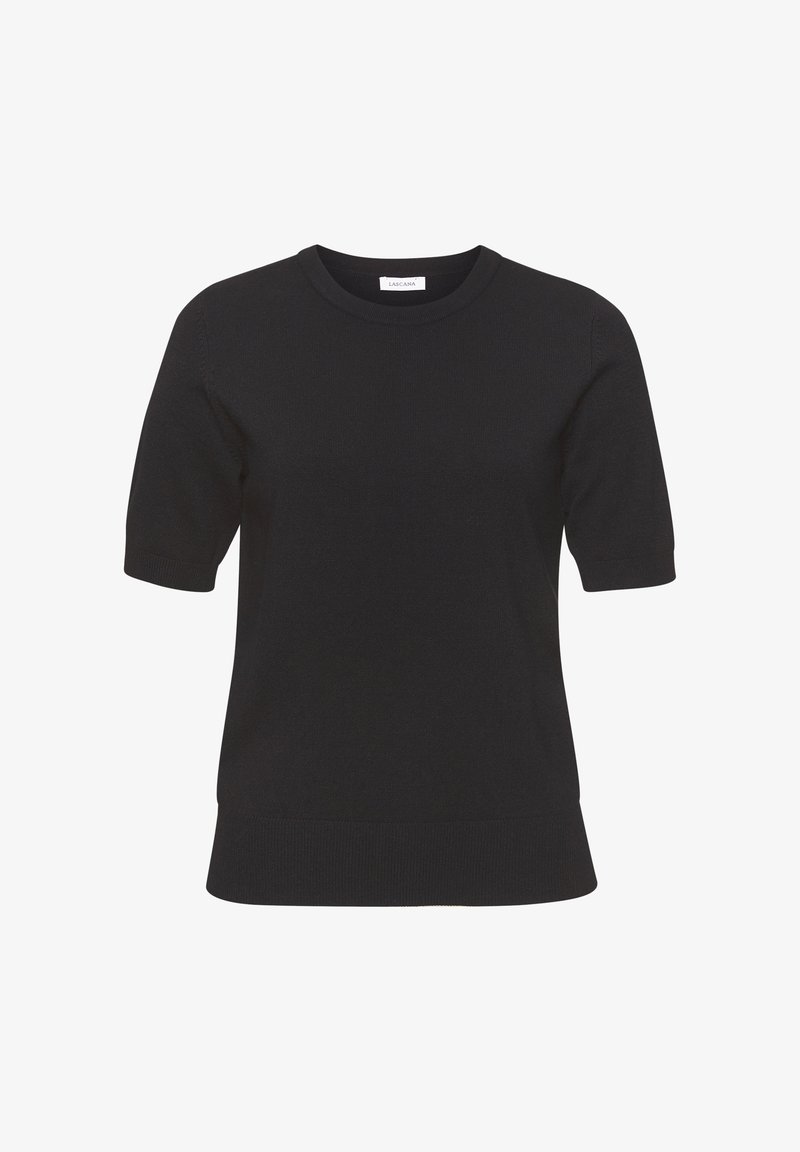 Black short-sleeve sweater with a crew neck. Made from a ribbed knit fabric, featuring a fitted silhouette and ribbed hemline.