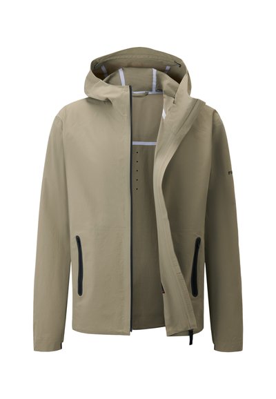 Beige lightweight jacket made of smooth fabric. Features a hood, zip closure, two side pockets with black accents, and a minimalist design.