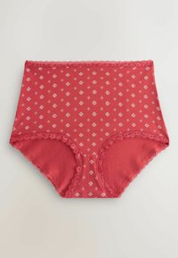 Rote, baumwollene High-Waist-Unterwäsche mit zarten Spitzenbesätzen und verstreuten weißen Blumenmustern auf dem Stoff.