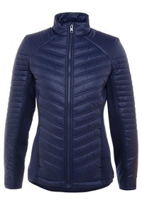 Marinblå isolerad jacka med zigzag-quiltat mönster, hög krage, full dragkedja framtill och släta sidopaneler; har två fickor med dragkedja.