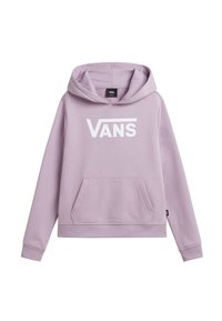 Felpa lilla con tasca a marsupio e grande logo bianco "VANS" sul davanti. Presenta un cappuccio regolabile con cordini e polsini a coste.