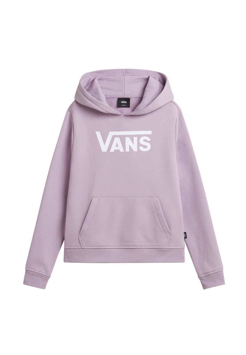 Felpa lilla con tasca a marsupio e grande logo bianco "VANS" sul davanti. Presenta un cappuccio regolabile con cordini e polsini a coste.