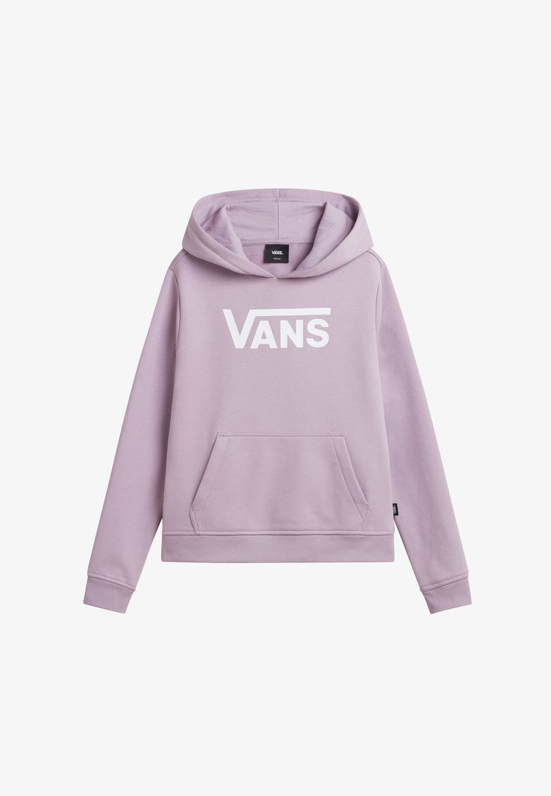 Lila hoodie med en känguruficka och en stor vit "VANS"-logotyp på framsidan. Har en dra-rep huva och ribbade ärmslut.