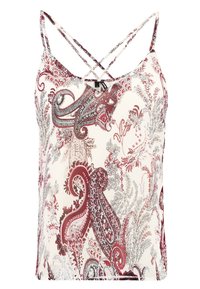 Vit linne med tunna dubbla spaghettistraps och ett röd-grått paisley- och blommönster.