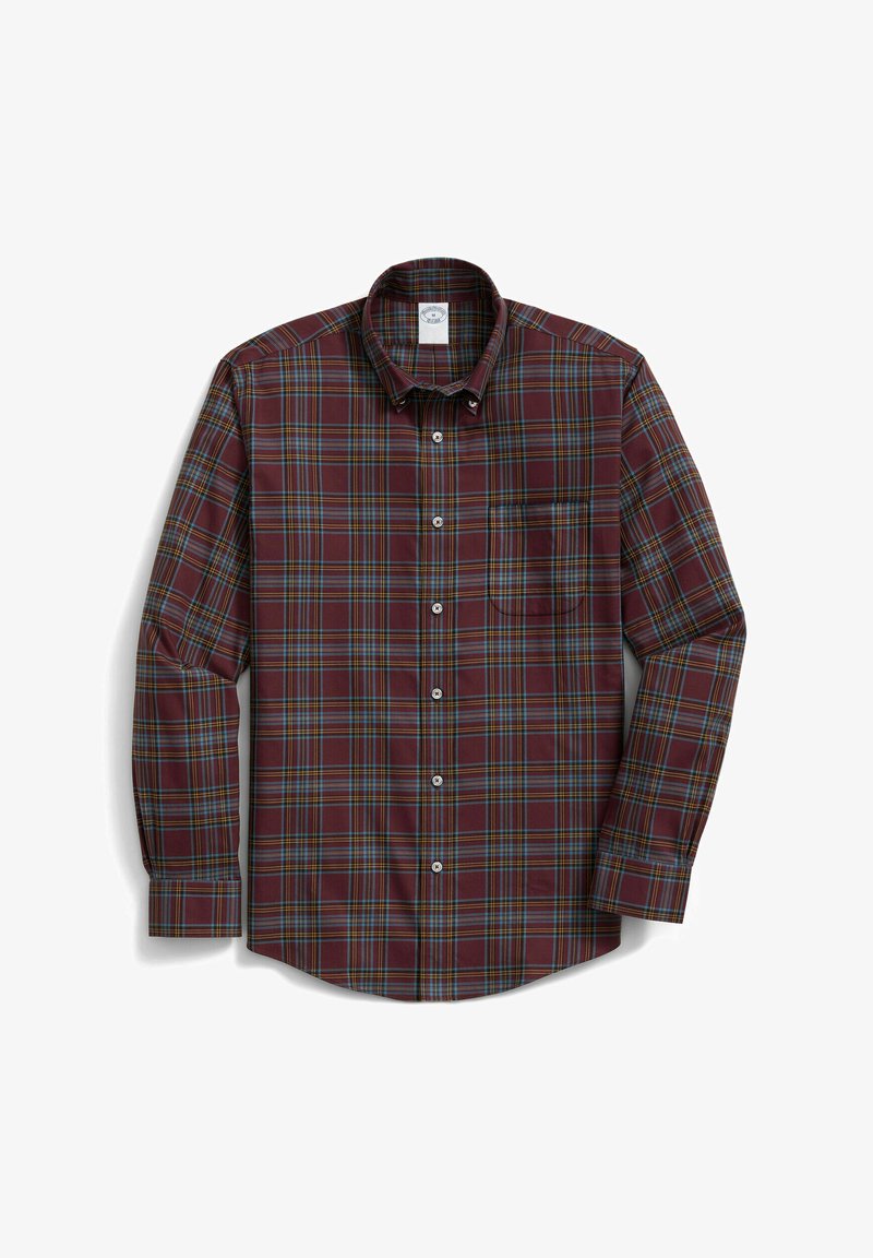 Karierte Hemd mit einem kastanienbraunen Grundton und blauen sowie grünen Linien, mit Knöpfen, Kragen, einer einzelnen Brusttasche und langen Ärmeln.