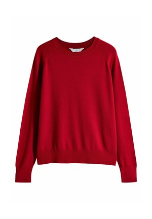 Roter Pullover aus weichem Strickmaterial, mit Rundhalsausschnitt, langen Raglanärmeln und gerippten Bündchen und Saum.