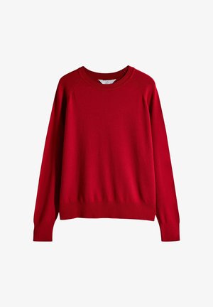 Punainen neuletakki pehmeästä kankaan materiaalista, jossa on pyöreä kaula-aukko, pitkät raglan-hihat ja ribboitu helma sekä hihansuut.