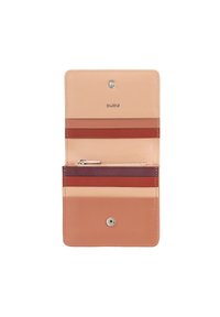 Bi-fold wallet with a smooth, multicolored leather exterior featuring shades of peach, red, and burgundy. Includes card slots and zip pocket.