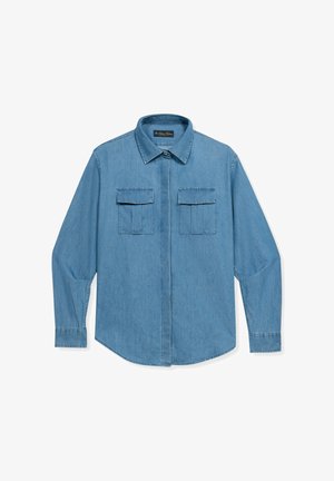 Light blue denim long-sleeve shirt with pointed collar, two flap chest pockets, buttoned cuffs, and concealed front button placket.