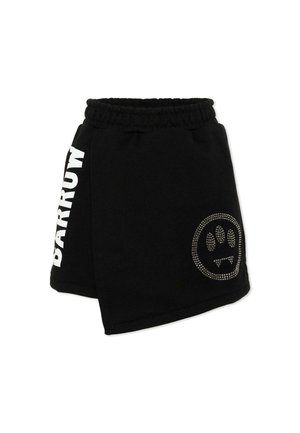 Zwarte shorts met elastische tailleband, witte verticale "BARROW" tekst aan de zijkant en een cirkelvormig pootafdruklogo met strass steentjes aan de voorkant.