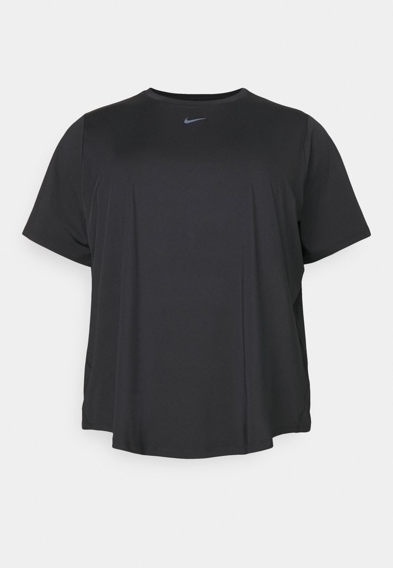 Czarna koszulka sportowa z krótkim rękawem i okrągłym dekoltem, z niebieskim logo Nike na piersi. Wykonana z gładkiego, lekkiego materiału.