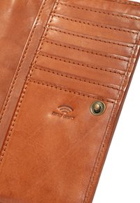 Brown leather wallet with multiple card slots, embossed "RFID SAFE" logo, and brass snap button. Smooth texture and subtle stitching detail.