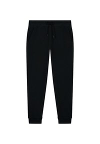 Pantalones jogger negros confeccionados en tela suave, con cintura elástica y cordón, bolsillos laterales y puños ajustados en los tobillos.