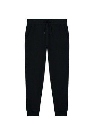 Zwarte joggingbroek van zacht materiaal, met een elastische tailleband met trekkoord, zijzakken en taps toelopende boorden bij de enkels.