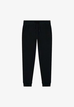 Zwarte joggingbroek van zacht materiaal, met een elastische tailleband met trekkoord, zijzakken en taps toelopende boorden bij de enkels.