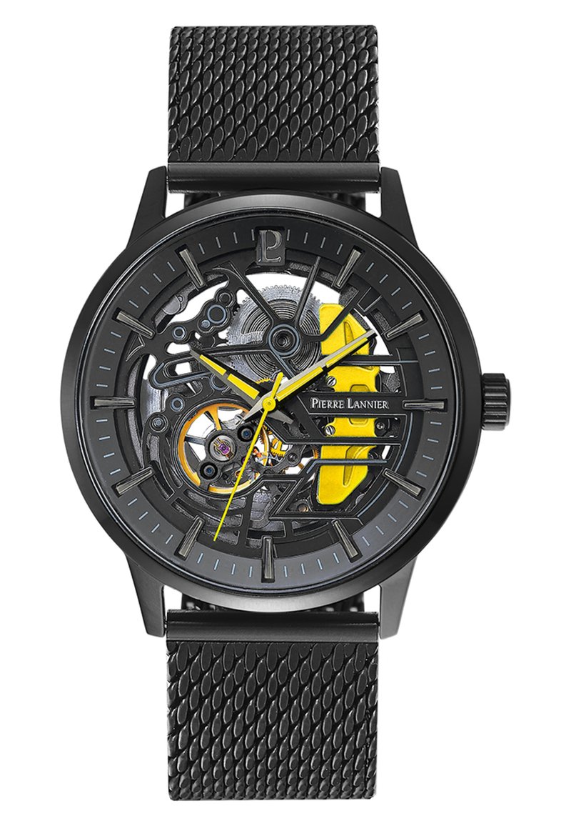 Schwarze Skelettuhr mit einem strukturierten schwarzen Armband. Sie verfügt über gelbe und blaue Akzente auf dem Zifferblatt und sichtbare mechanische Bewegungskomponenten.