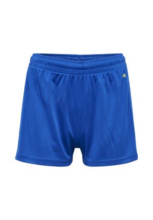 Niebieskie atletyczne szorty z elastycznym paskiem w talii, gładkim materiałem i małym żółtym logo po prawej stronie.
