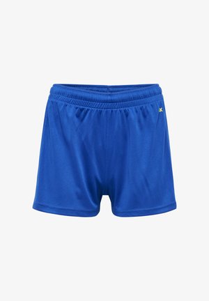 Niebieskie atletyczne szorty z elastycznym paskiem w talii, gładkim materiałem i małym żółtym logo po prawej stronie.