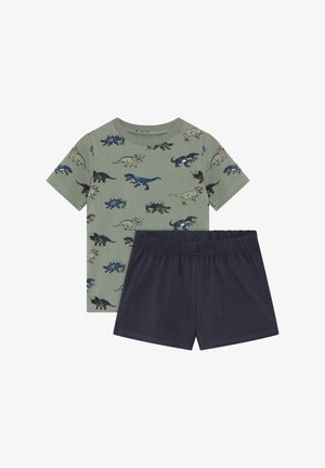 T-shirt vert à manches courtes avec motif dinosaure et short bleu marine. Mélange de coton, col rond, taille élastique, texture douce, design ludique.