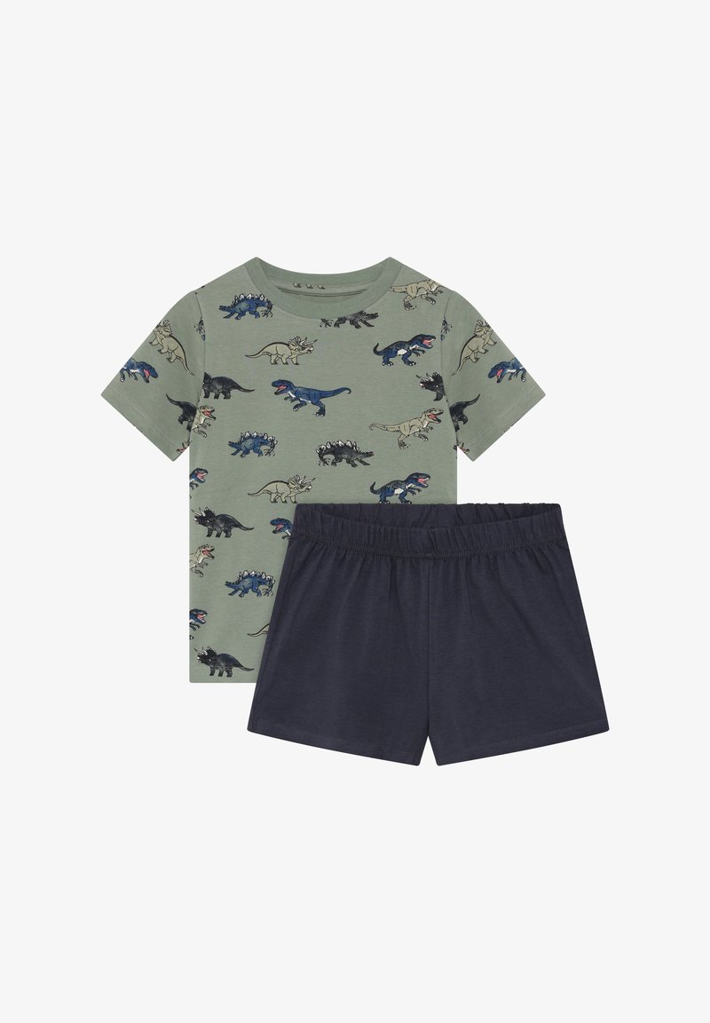 T-shirt vert à manches courtes avec motif dinosaure et short bleu marine. Mélange de coton, col rond, taille élastique, texture douce, design ludique.
