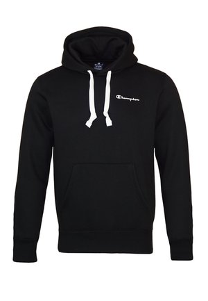 Czarna bluza Champion z białymi sznurkami, przednią kieszenią typu kangur i małym białym logo na lewej piersi.