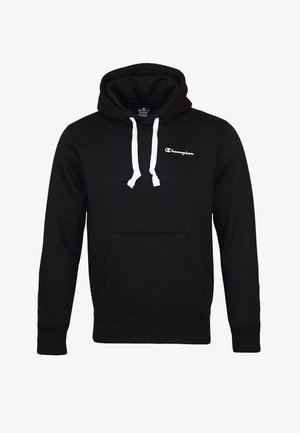 Musta Champion-huppari, jossa valkoiset kiristysnauhat, etutasku ja pieni valkoinen logo vasemmassa rinnassa.
