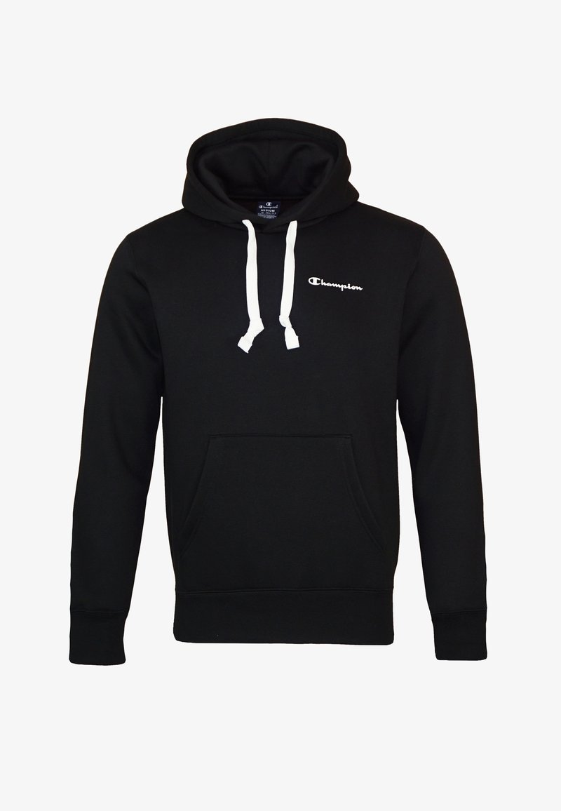 Sweat à capuche Champion noir avec cordons blancs, poche kangourou à l'avant, et petit logo blanc sur le côté gauche de la poitrine.