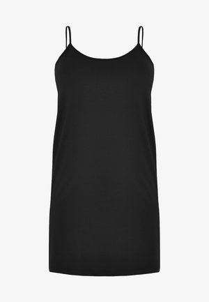 Robe noire sans manches avec fines bretelles, en tissu lisse, présentant une silhouette droite et une coupe au genou. Design minimaliste.