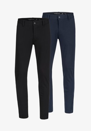 Two pairs of slim-fit pants: one black and one dark navy. Made of smooth, stretchy fabric with front pockets and button closures.