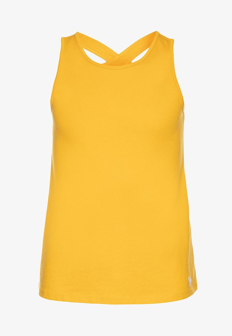 Camiseta sin mangas amarilla con tirantes cruzados en la espalda y un pequeño logo blanco cerca del dobladillo inferior en el lado derecho.