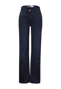 Jeans de mezclilla azul oscuro con un diseño de pierna recta, que cuentan con bolsillos delanteros, cierre de botón y costuras decorativas a lo largo de las costuras.