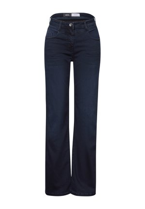 Dark blue denim jeans with a straight leg design, featuring front pockets, a button closure, and stitching accents along the seams.