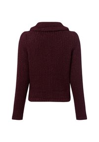 Bordeauxfarbener Strickpullover mit strukturierter Oberfläche, langen Ärmeln und einem breiten Kragen, ausgestattet mit einem cropped Saum und gerippten Bündchen.