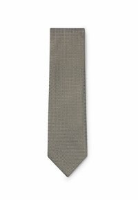 Textured tie in a muted gray color with a geometric pattern, featuring a pointed end and a smooth finish for a refined look.