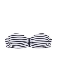 Bandeau bikini top s crno-bijelim horizontalnim prugama, skupljenim materijalom u središtu i glatkom završnom obradom. Ima sigurno zatvaranje na leđima.