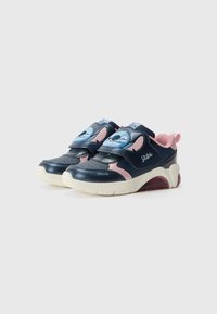 Navy and pink children's sneakers with a smooth leather upper, featuring prominent Stitch character design and Velcro strap closure.
