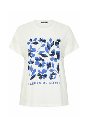 Hvid t-shirt med korte ærmer, blå og sort blomsterprint og teksten "FLEURS DU MATIN" på forsiden.