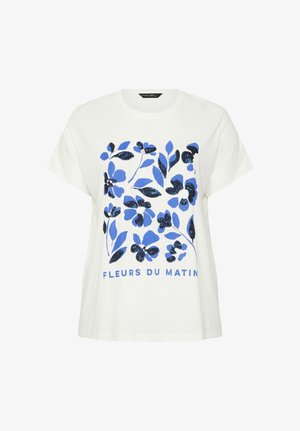 Hvid t-shirt med korte ærmer, blå og sort blomsterprint og teksten "FLEURS DU MATIN" på forsiden.