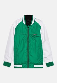 Giacca bomber verde e bianca con zip frontale, polsini e colletto a costine. Tessuto liscio, due tasche laterali e colori delle maniche a contrasto.