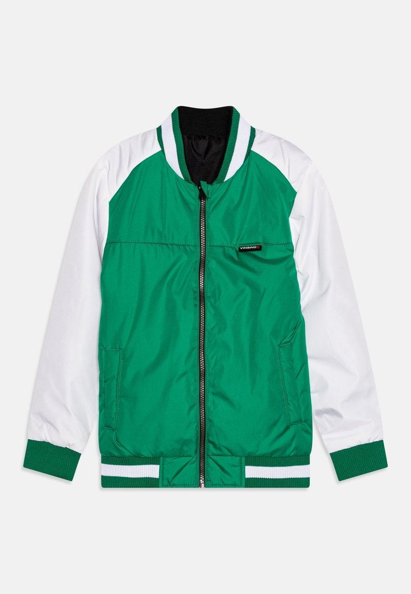 Veste bomber verte et blanche avec fermeture éclair à l'avant, poignets et col côtelés. Texture lisse, deux poches latérales et couleurs de manches contrastées.