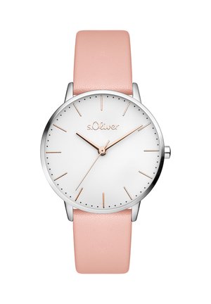 Runde Uhr mit weißem Zifferblatt, Stundenmarkierungen und Zeigern in Roségold. Verfügt über ein hellrosa Lederarmband. Marke: s.Oliver.