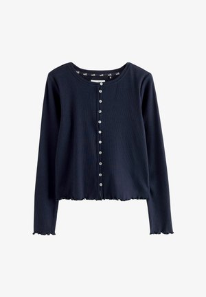 Navy blue long-sleeve cropped cardigan with a round neckline, front button closure, and lettuce-hem edges on sleeves and bottom.