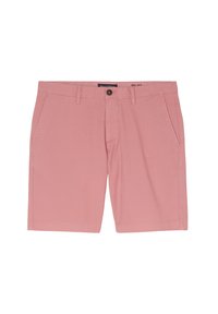 Cotton blend shorts in soft pink, featuring a flat front, two side pockets, a button closure, and belt loops. Smooth texture and tailored fit.