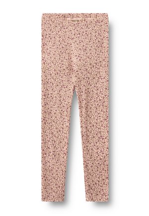 Lyserøde ribbede leggings med et lille blomsterprint i mørkere lyserøde og røde nuancer, med elastisk talje.