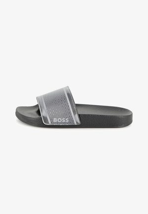 Sandale à glissière noire avec semelle texturée et bride gris à motifs portant le mot « BOSS » en lettres blanches.