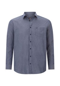 Langärmliges Hemd aus dunkelblauem Stoff, mit Knopfleiste vorne, einer Brusttasche, subtiler Logo auf der Tasche, glatte Textur und taillierte Passform.