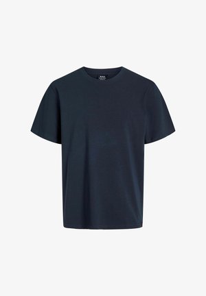 Tumedat navyblue T-särk ümarate kaelustega, lühikeste käistega ja mugava lõikega. Valmistatud pehmest puuvillast, lihtsa disainiga, ilma mustriteta.