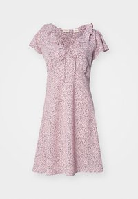 Květinové potiskové šaty v růžové barvě, s krátkými volánkovými rukávy, kulatým výstřihem a nařaseným detailem na přední straně. Lehký materiál s volným střihem.